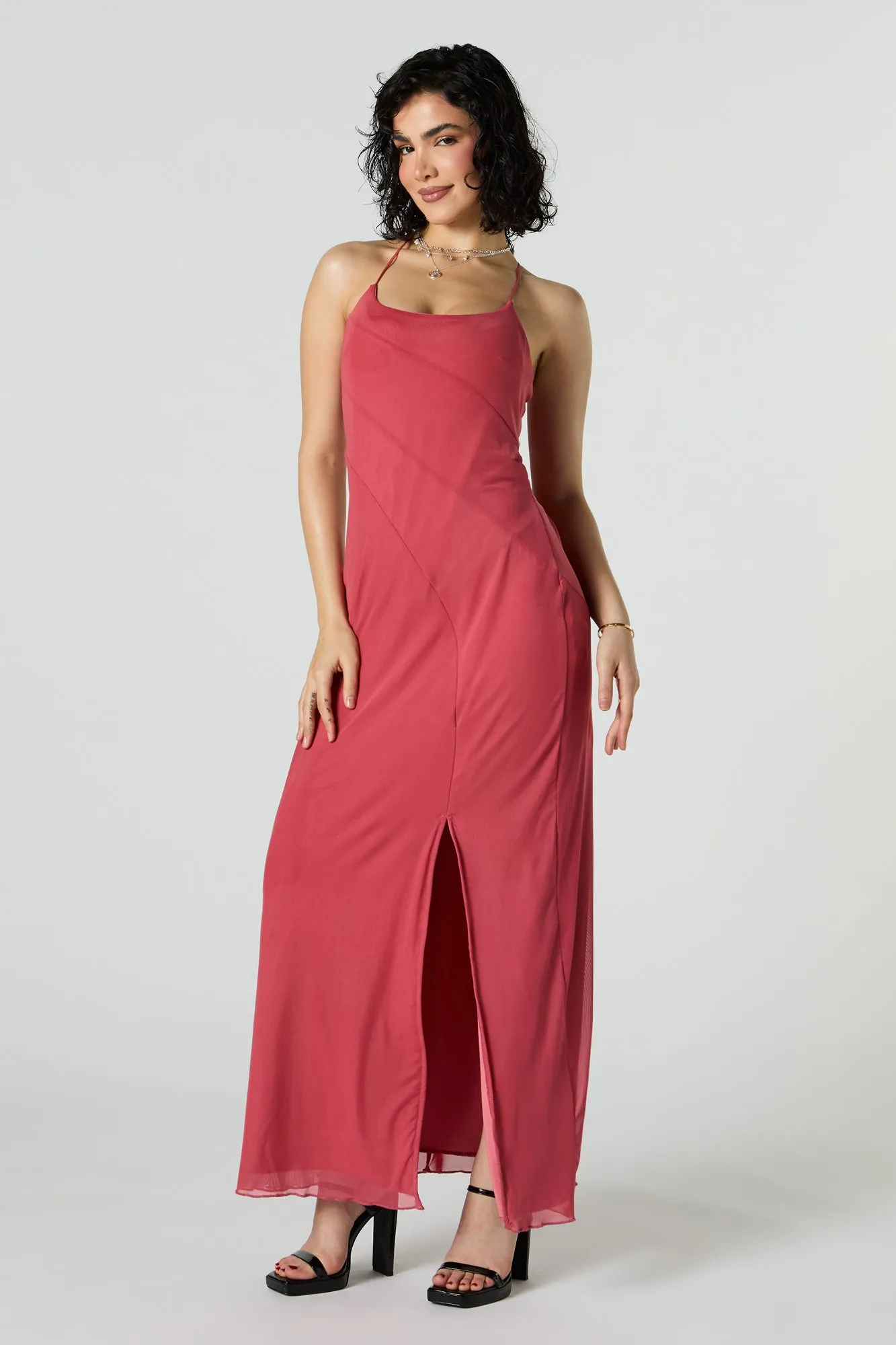 Mesh Overlay Scoop Neck Slit Maxi Dress sold by Urban Planet product image thumbnail 4