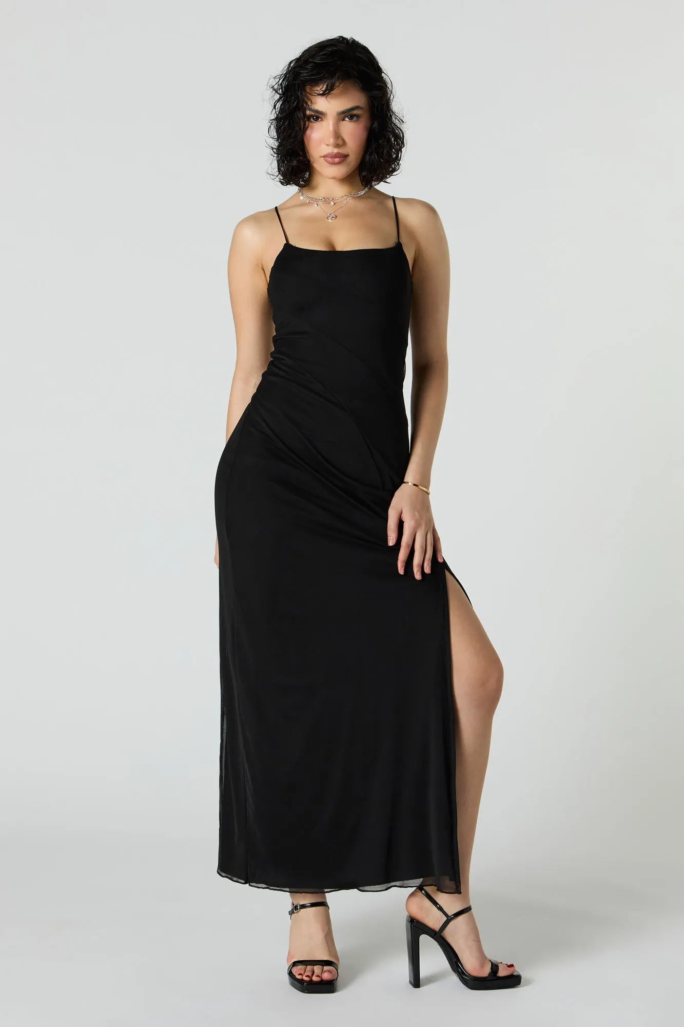 Mesh Overlay Scoop Neck Slit Maxi Dress sold by Urban Planet