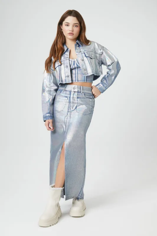 Iridescent Denim Slit Maxi Skirt sold by Urban Planet