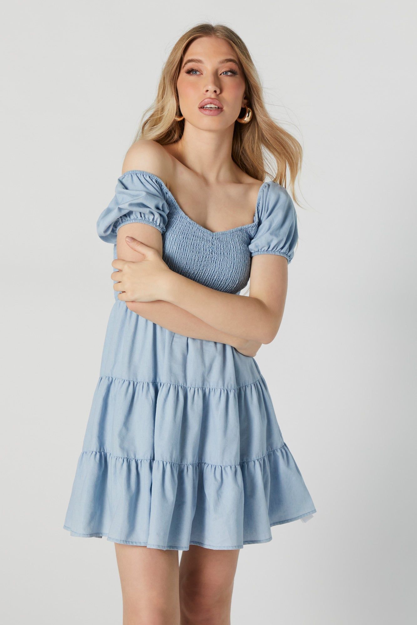 Smocked Puff Sleeve Tiered Mini Dress sold by Urban Planet