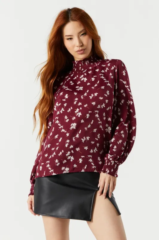 Burgundy Floral Mock Neck Blouse sold by Urban Planet