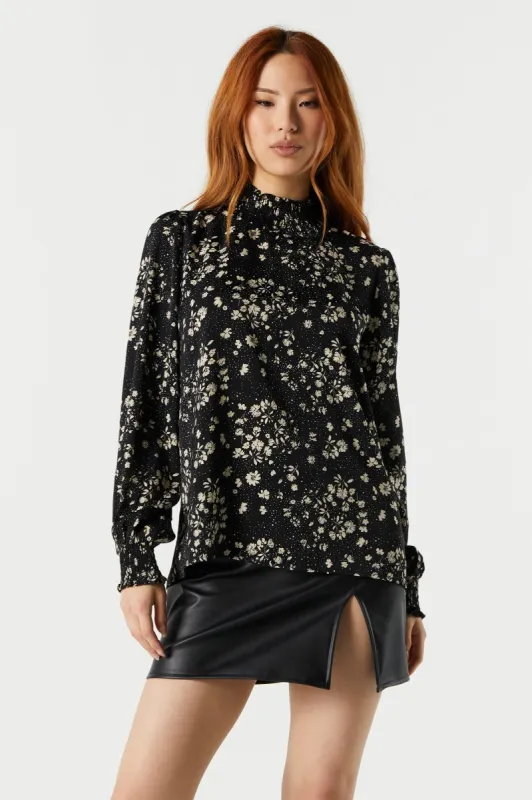 Black Floral Mock Neck Blouse sold by Urban Planet