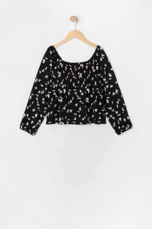 Haut smocké fleuri noir à manches longues pour fille sold by Urban Planet