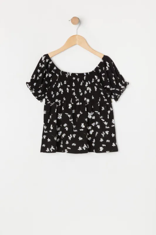 T-shirt smocké fleuri noir pour fille sold by Urban Planet