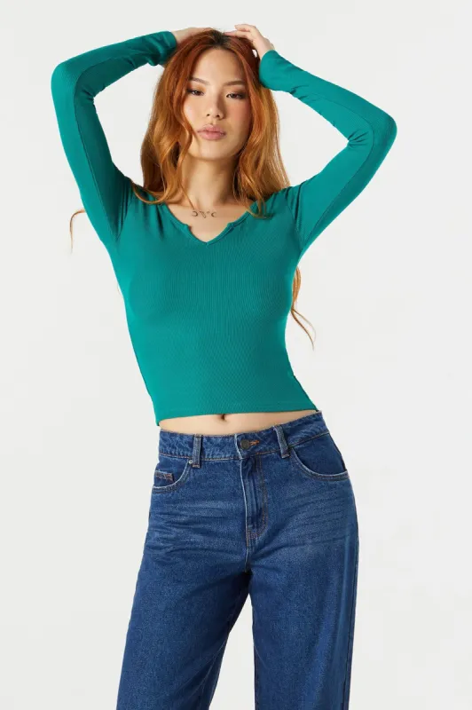 Ribbed Notched Long Sleeve Top sold by Urban Planet