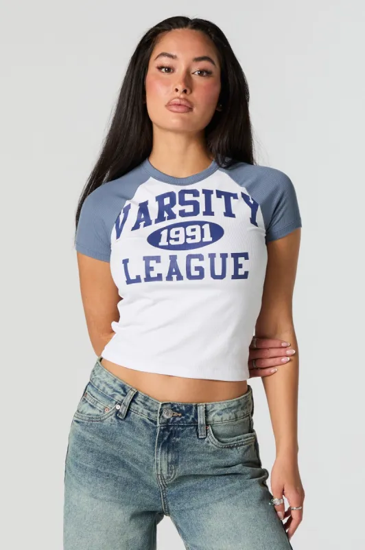 Varsity League Graphic Ribbed Fitted Raglan T-Shirt sold by Urban Planet