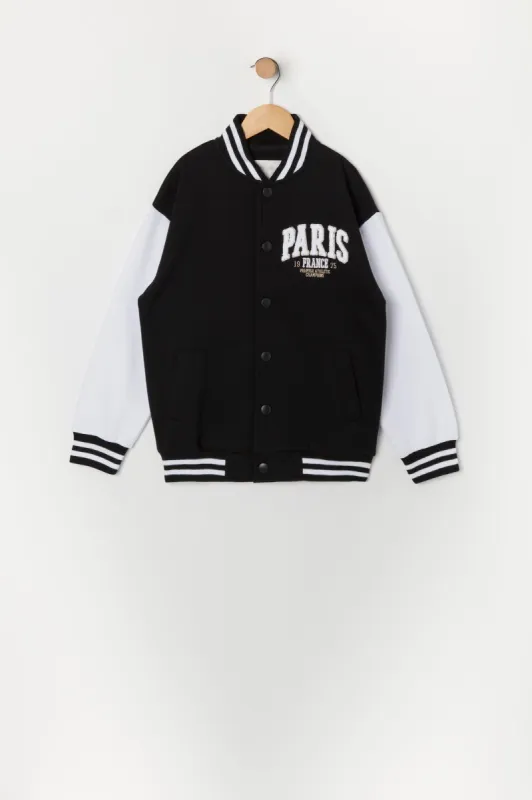 Girls Paris Graphic Fleece Varsity Jacket sold by Urban Planet