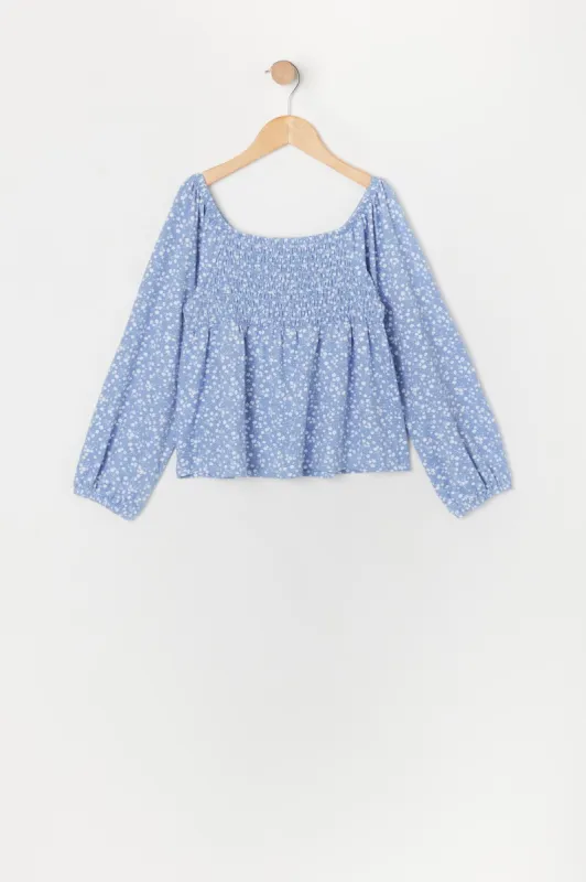 Girls Blue Floral Smocked Long Sleeve Top sold by Urban Planet