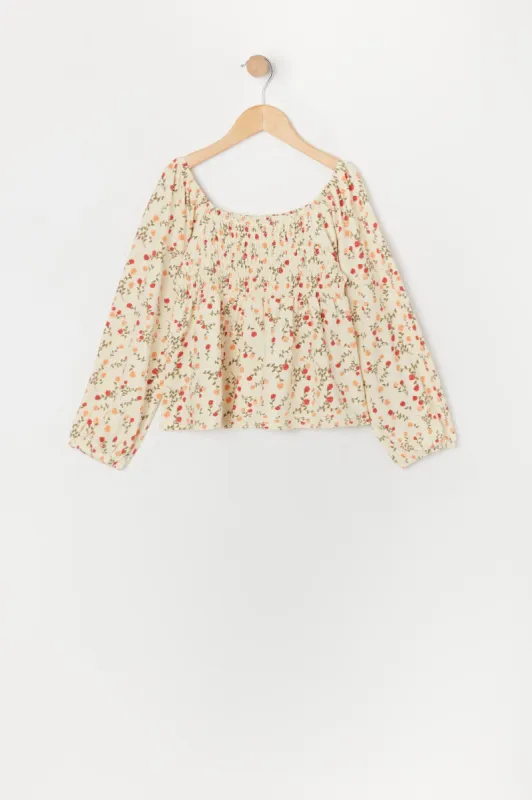 Girls White Floral Smocked Long Sleeve Top sold by Urban Planet