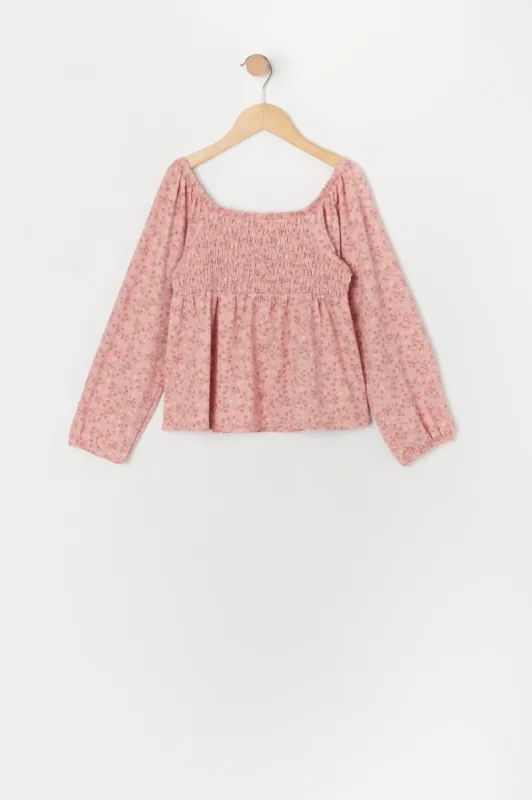 Girls Pink Floral Smocked Long Sleeve Top sold by Urban Planet