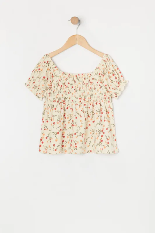 Girls White Floral Smocked T-Shirt sold by Urban Planet