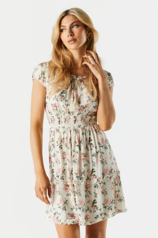 White Floral Smocked Tiered Dress sold by Urban Planet