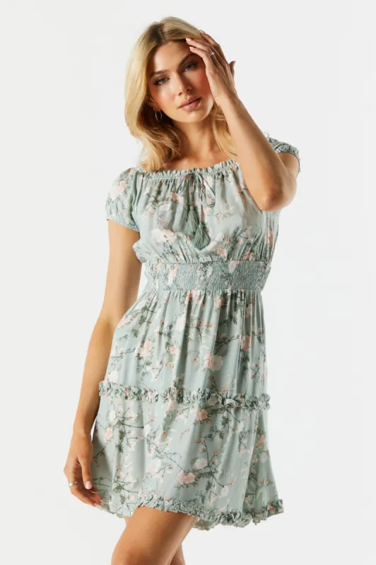 Sage Floral Smocked Tiered Dress sold by Urban Planet