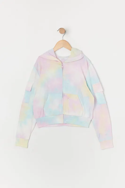 Girls Tie Dye Print Fleece Zip-Up Cargo Hoodie sold by Urban Planet