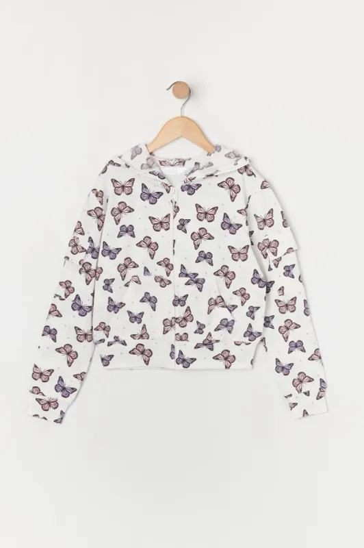 Girls Butterfly Print Fleece Zip-Up Cargo Hoodie sold by Urban Planet