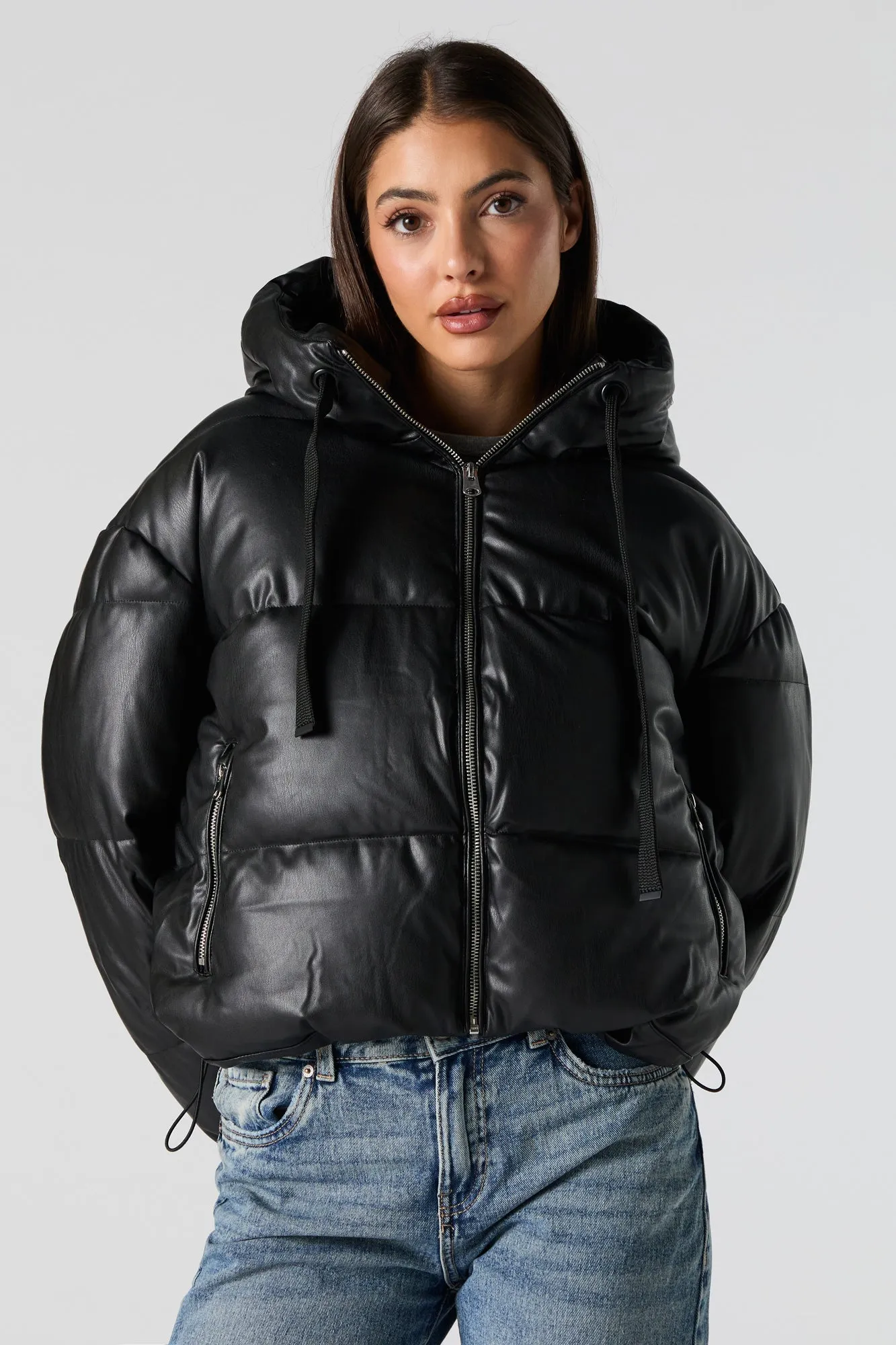 Faux Leather Hooded Puffer Jacket sold by Urban Planet product image thumbnail 4