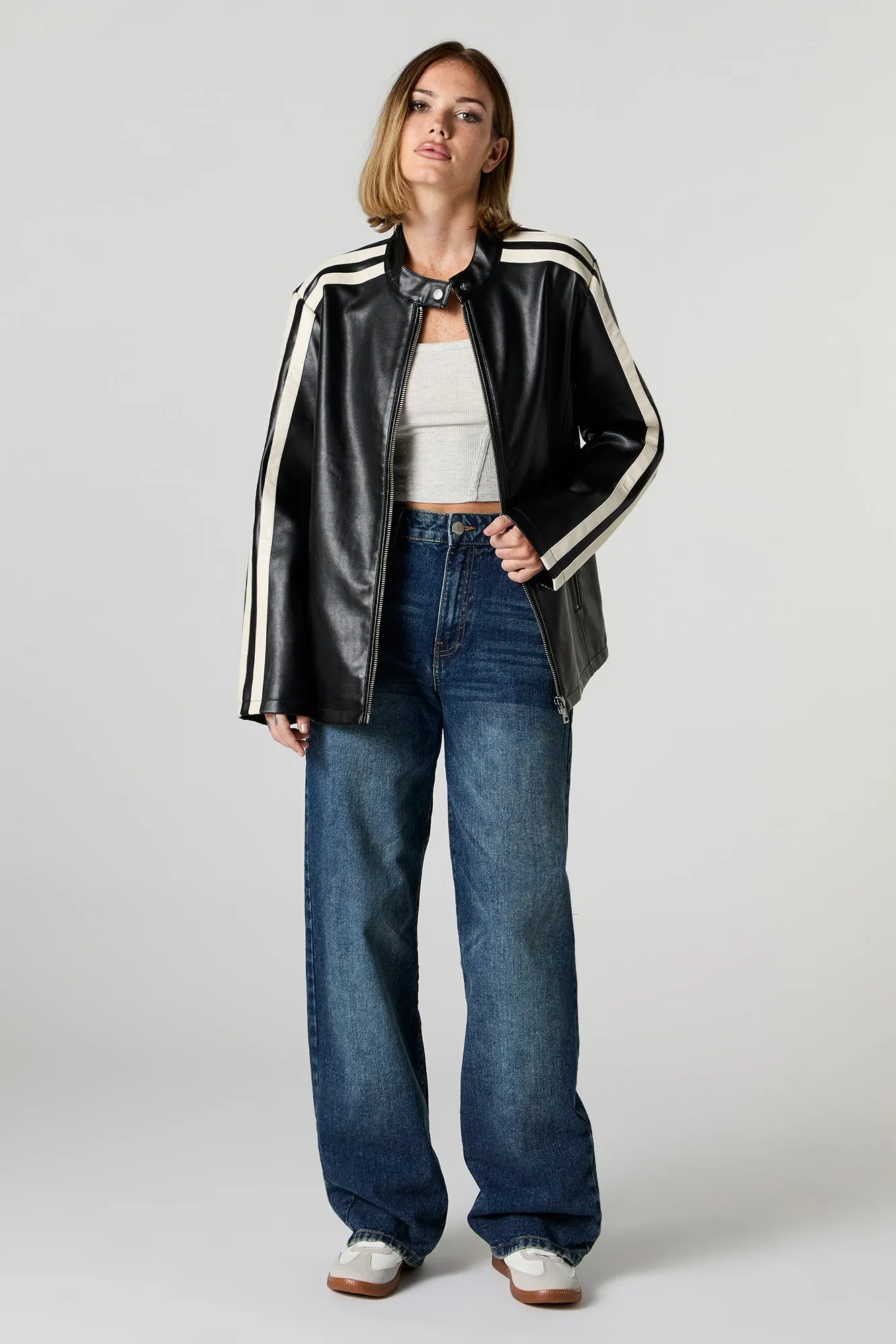 Oversized Contrast Stripe Faux Leather Jacket sold by Urban Planet product image thumbnail 4