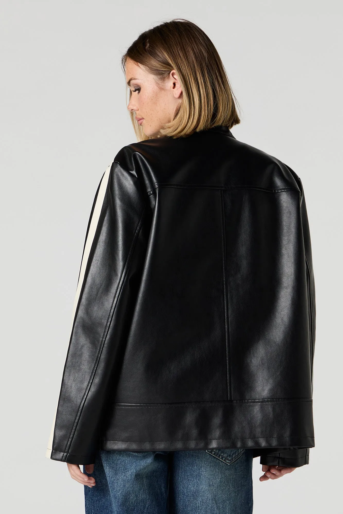 Oversized Contrast Stripe Faux Leather Jacket sold by Urban Planet product image thumbnail 3