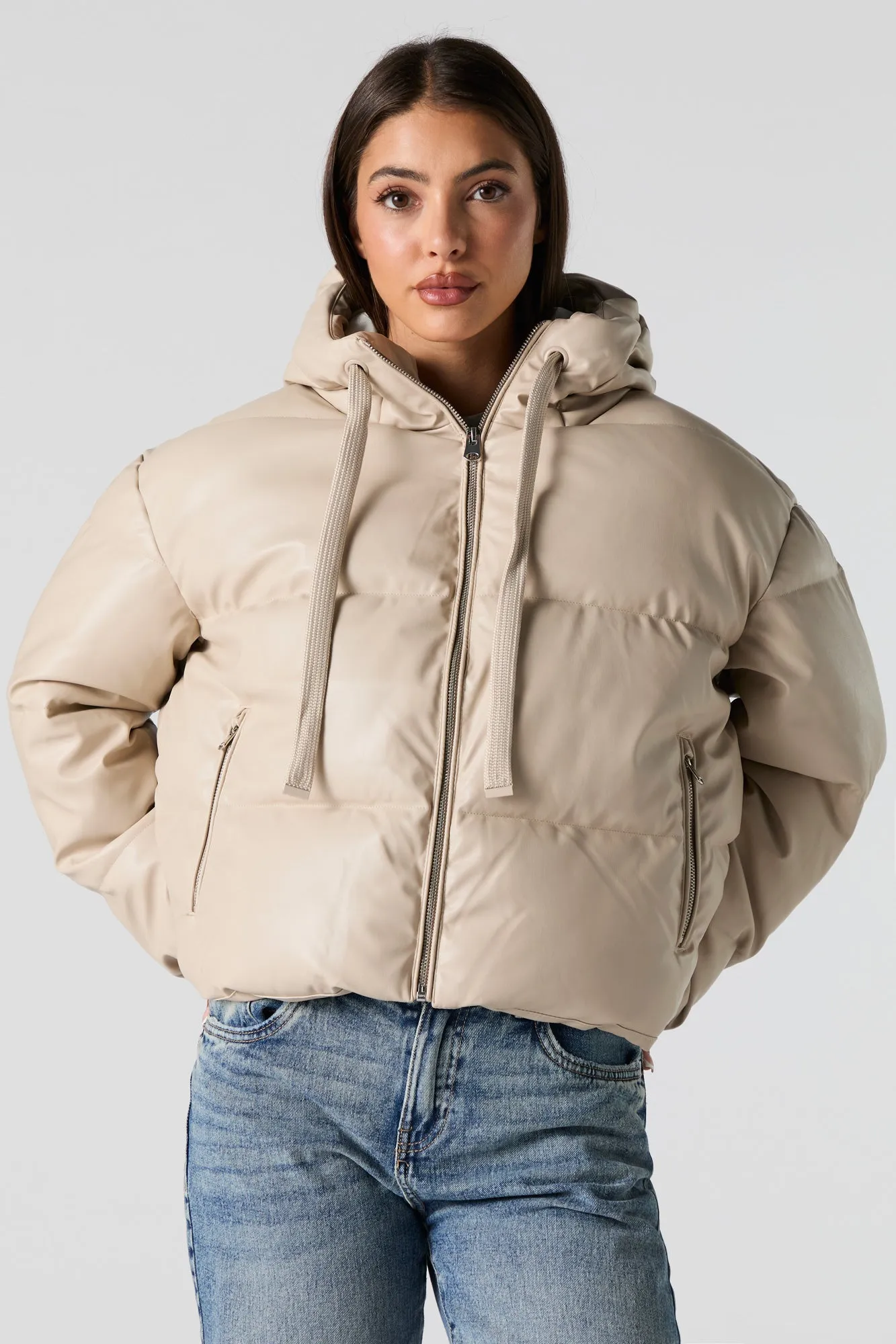 Faux Leather Hooded Puffer Jacket sold by Urban Planet