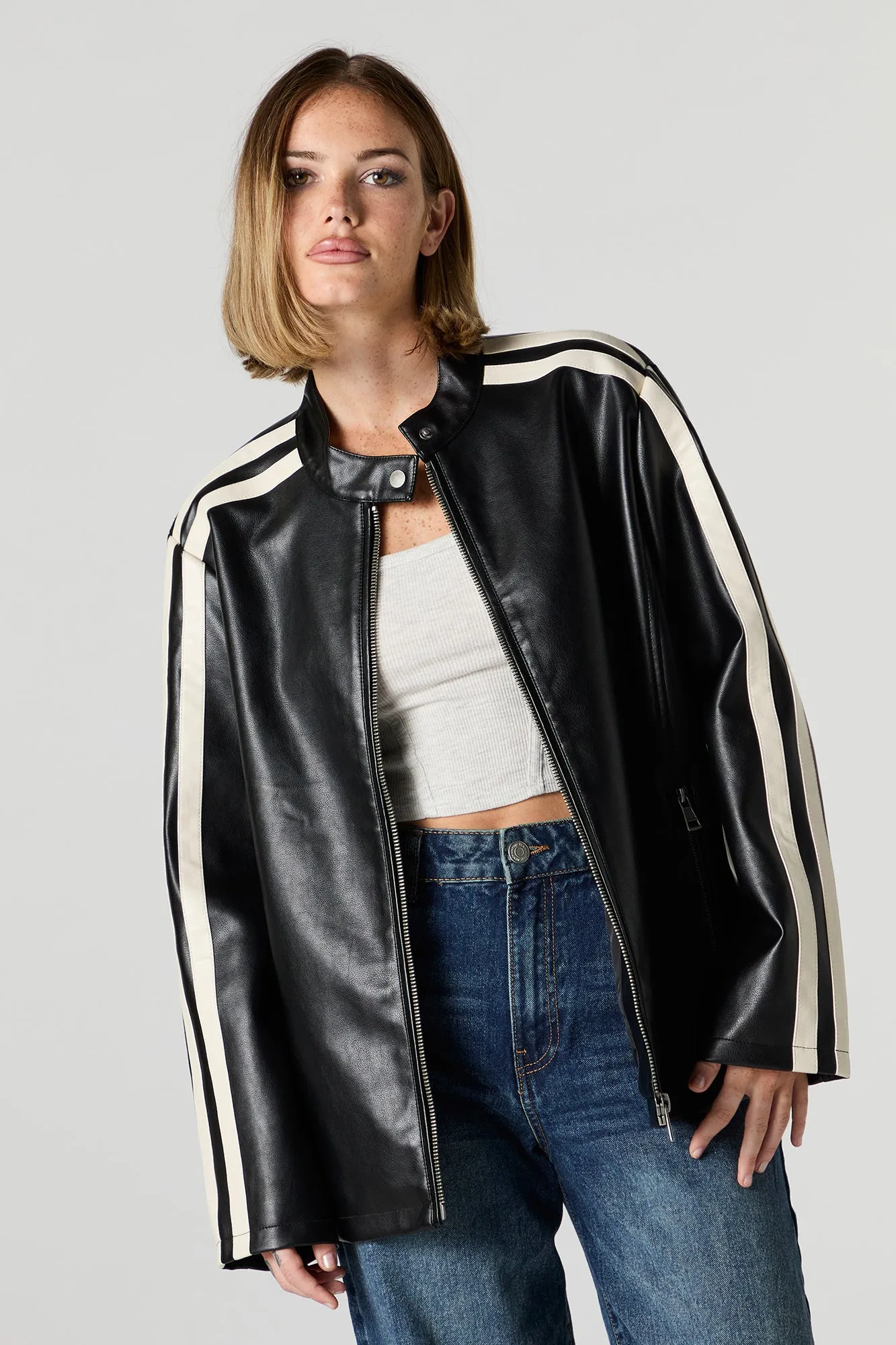 Oversized Contrast Stripe Faux Leather Jacket sold by Urban Planet product image thumbnail 2
