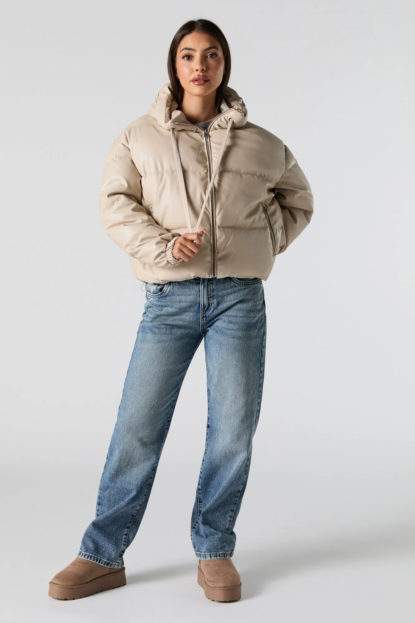 Faux Leather Hooded Puffer Jacket sold by Urban Planet product image thumbnail 3