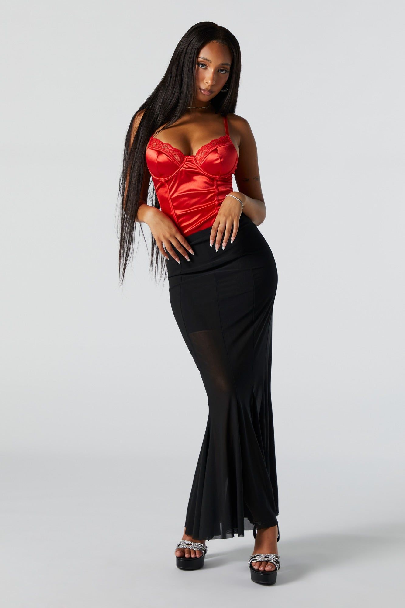 Satin Red Lace Trim Corset Bodysuit sold by Urban Planet product image thumbnail 5