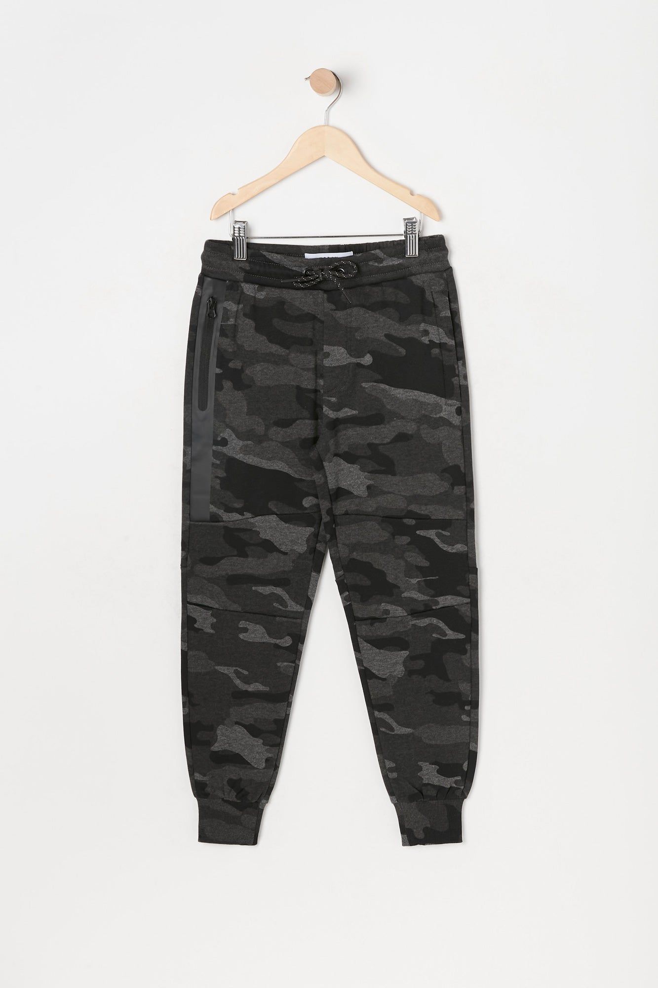 Boys Camo Print Rubber Zip Pocket Fleece Jogger sold by Urban Planet