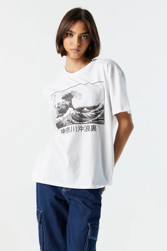 T-shirt de coupe garçonne blanc à imprimé Great Wave sold by Urban Planet