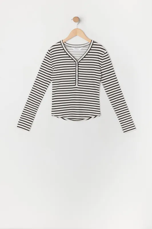 Girls Striped Henley Long Sleeve Top sold by Urban Planet