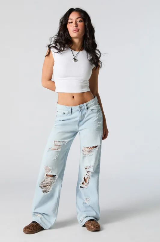 Light Wash Distressed Low Rise Skater Jean sold by Urban Planet