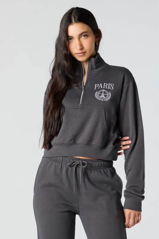 Paris Embroidered Half Zip Fleece Sweatshirt sold by Urban Planet