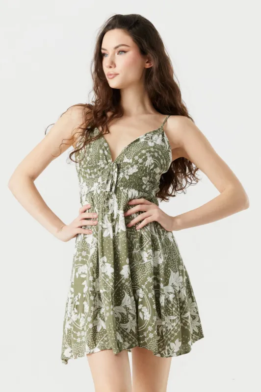 Soft Green Floral Print V-Neck Tiered Babydoll Mini Dress sold by Urban Planet