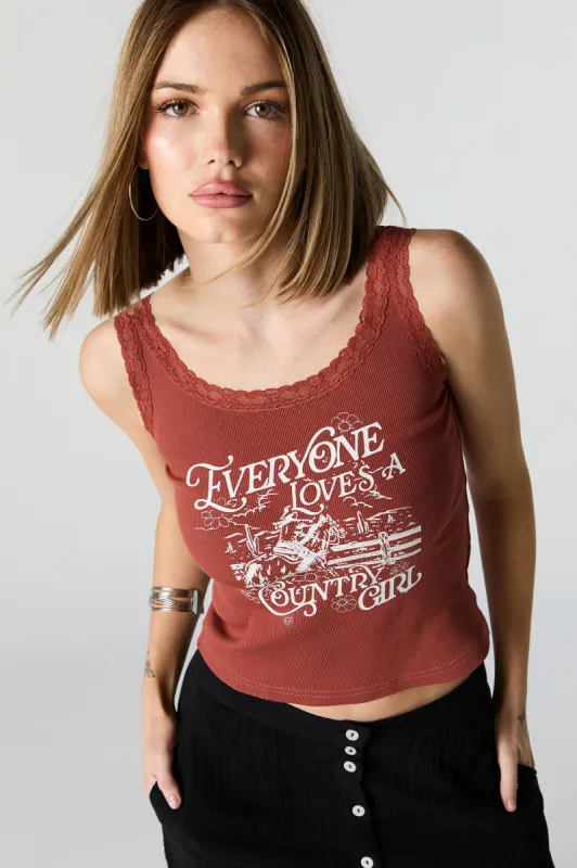 Country Girl Graphic Lace Trim Tank made by Stitches