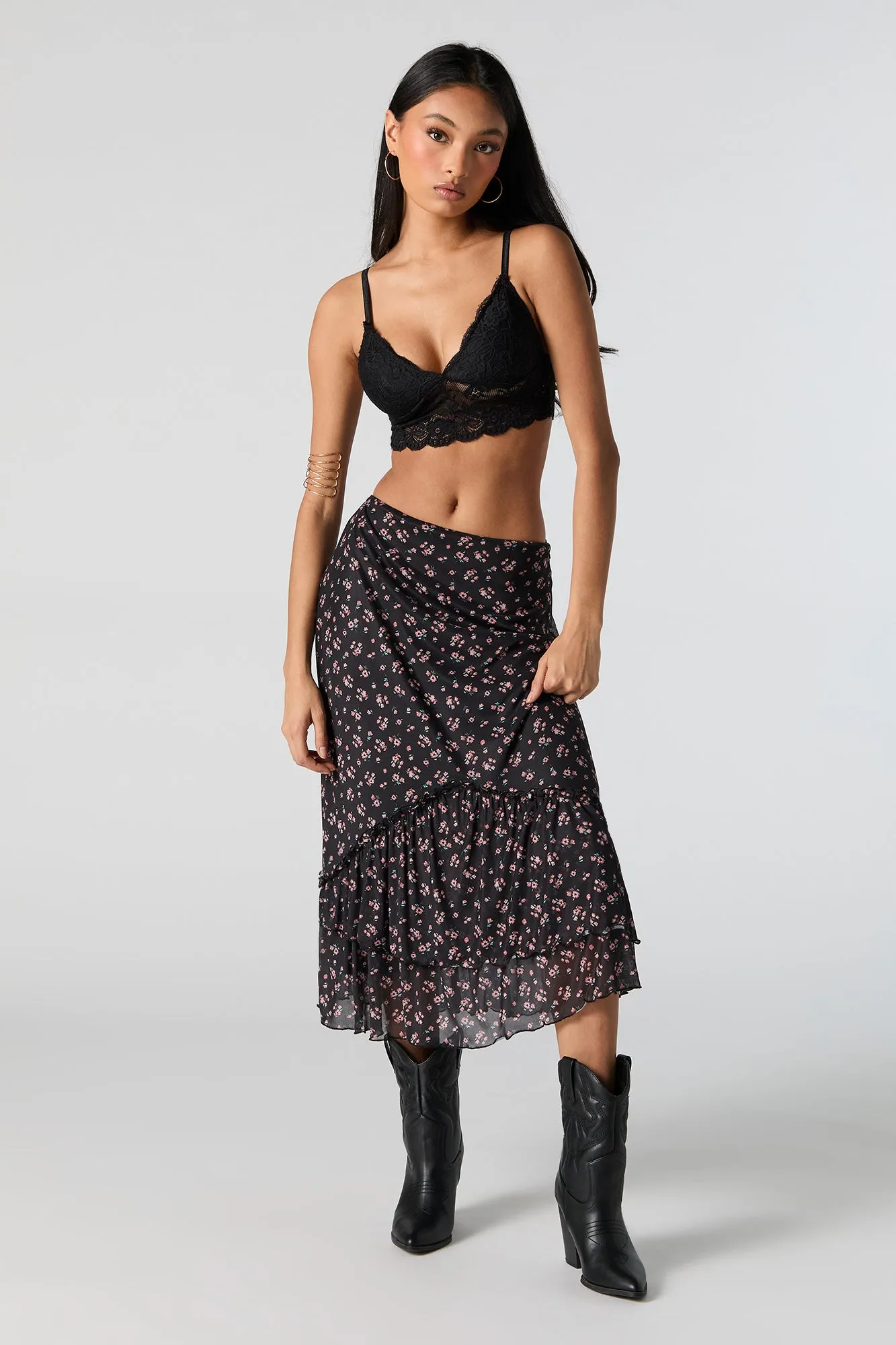 Jupe midi volantée en filet fleuri sold by Urban Planet product image thumbnail 2