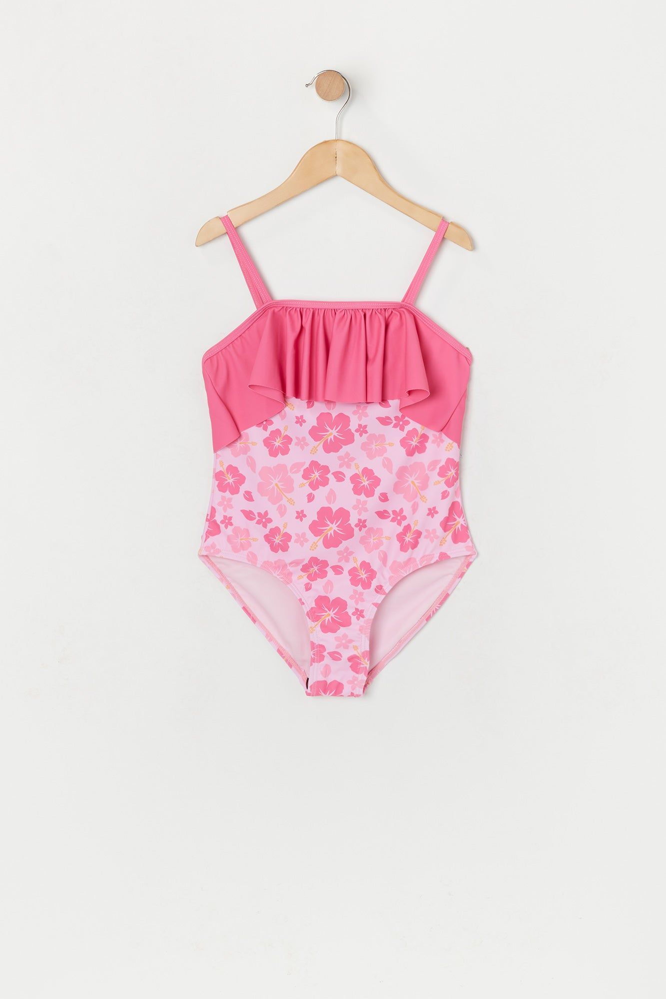 Girls Pink Hawaiian Print Flounce One Piece Swimsuit sold by Urban Planet