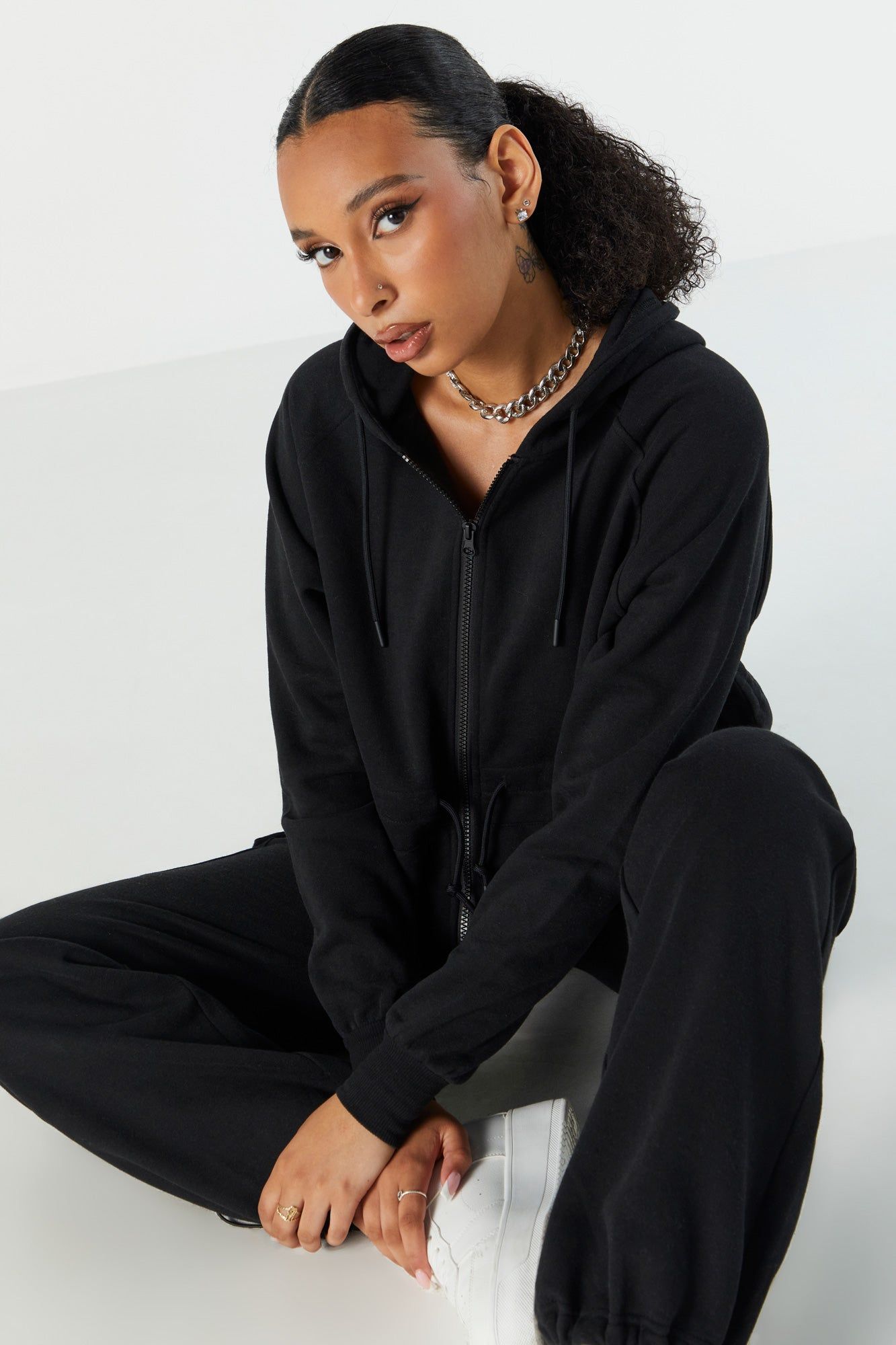 Oversized Drawstring Zip-Up Hoodie sold by Urban Planet product image thumbnail 4