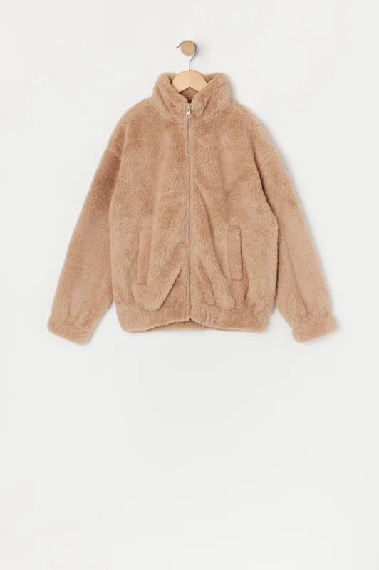 Girls Coloured Plush Bomber Jacket sold by Urban Planet