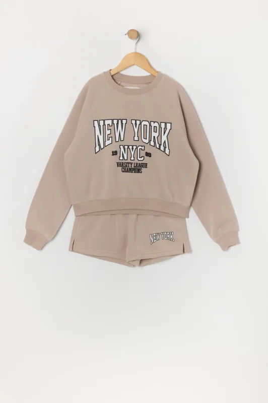 Ensemble avec chandail et short à motif brodé New York en sergé pour fille sold by Urban Planet