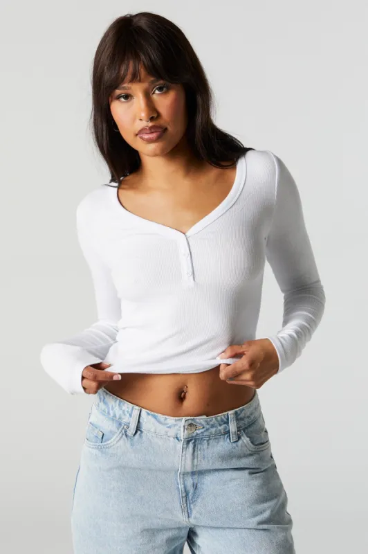Ribbed Henley Long Sleeve Top sold by Urban Planet