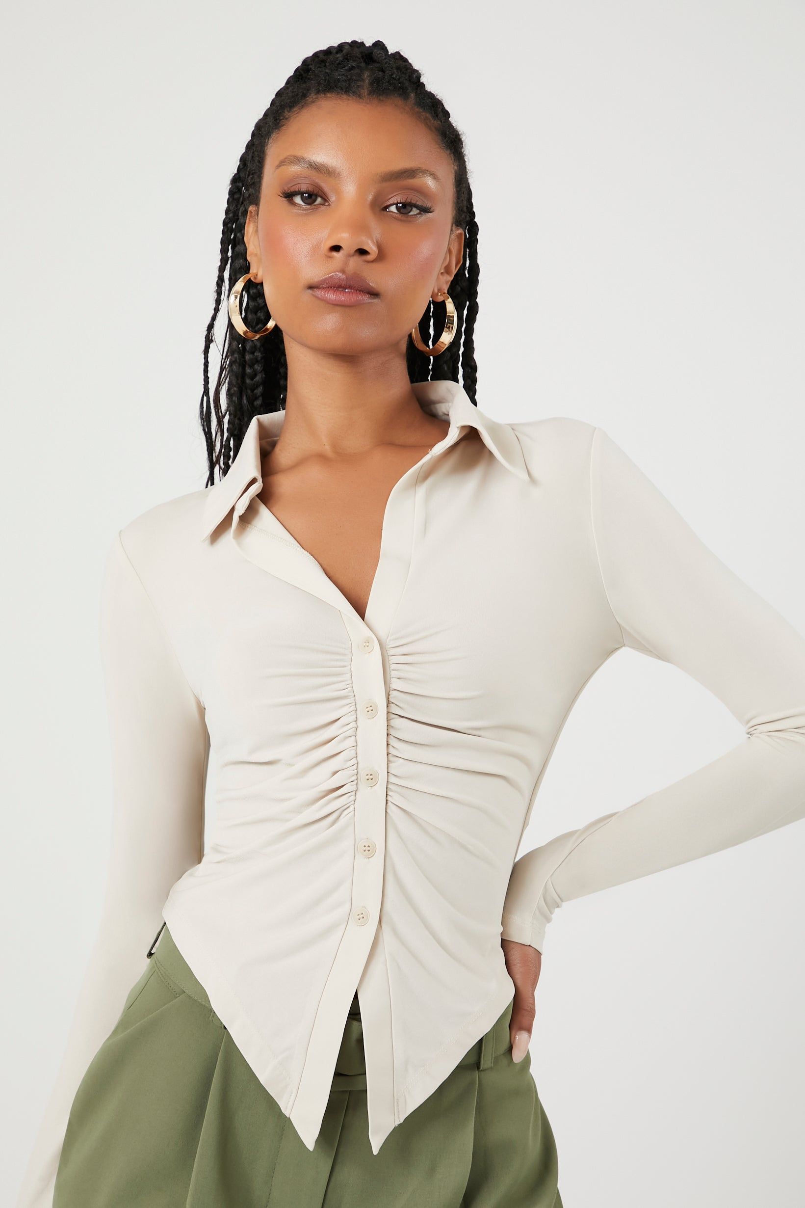 Ruched Button-Up Long Sleeve Top sold by Urban Planet