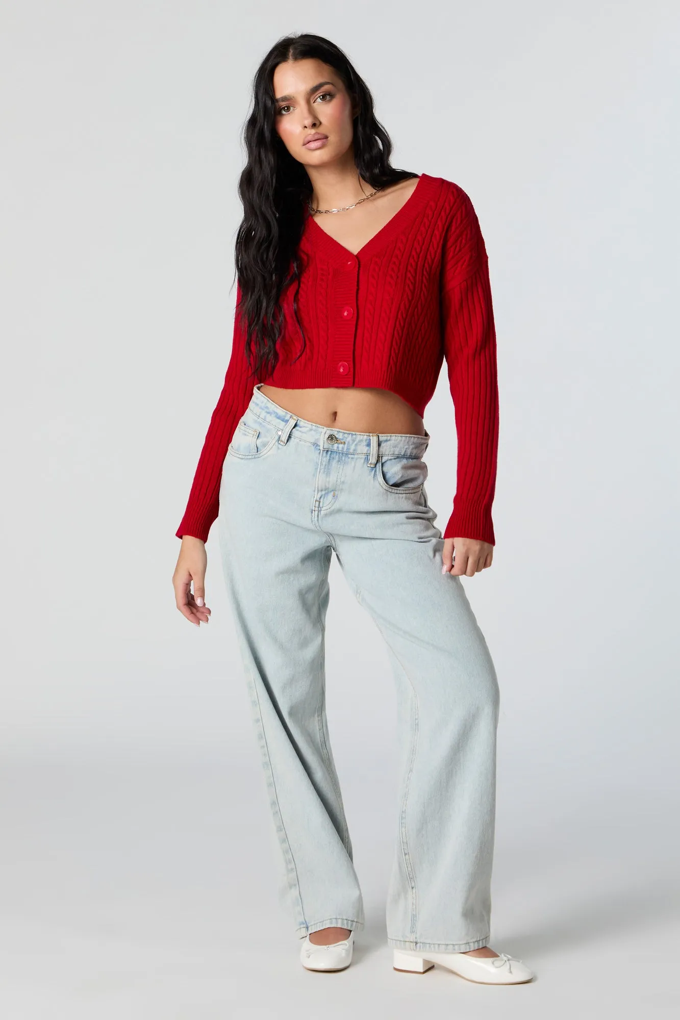 Cable Knit Button-Up Cropped Cardigan sold by Urban Planet product image thumbnail 3