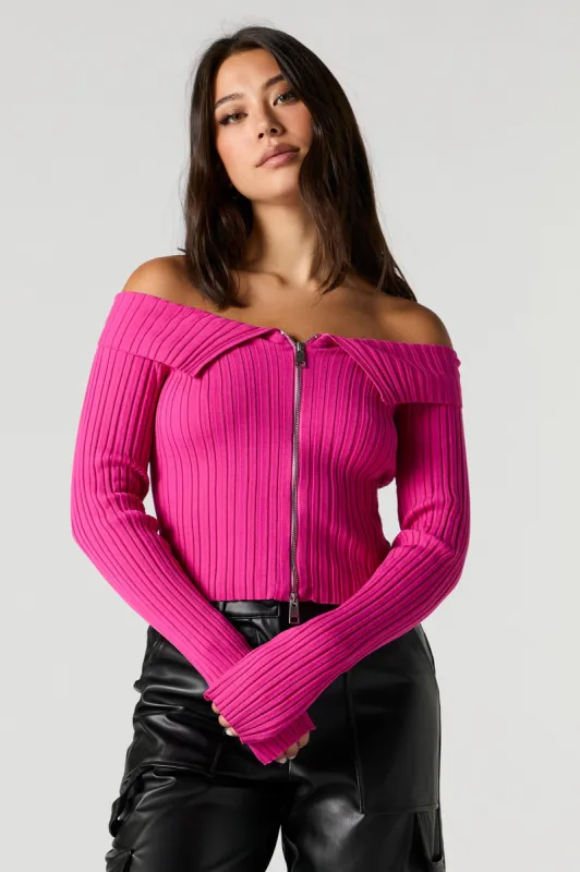 Wide Ribbed Off Shoulder Zip Up Top sold by Urban Planet