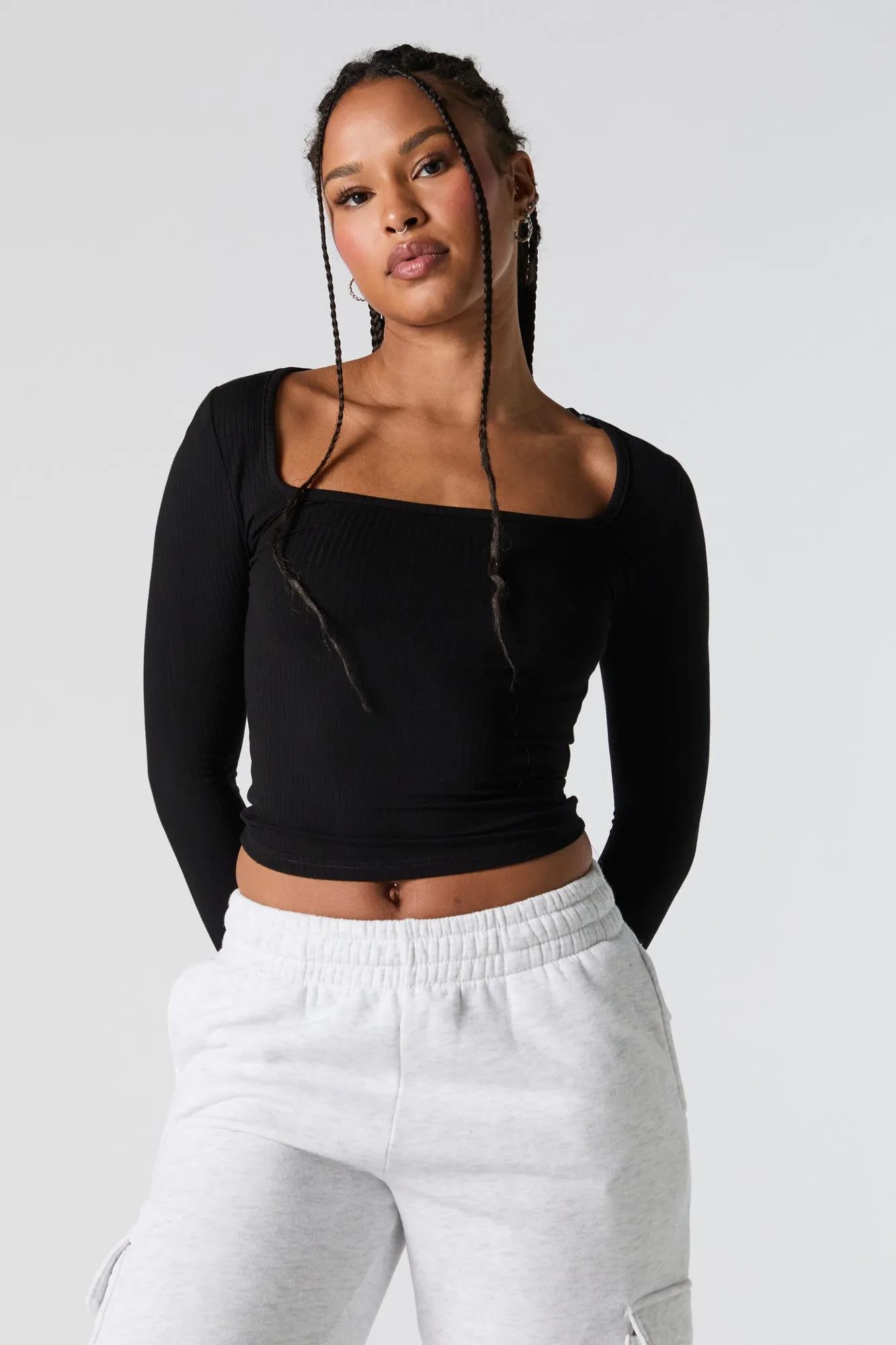 Haut côtelé à manches longues avec encolure carrée sold by Urban Planet product image thumbnail 4