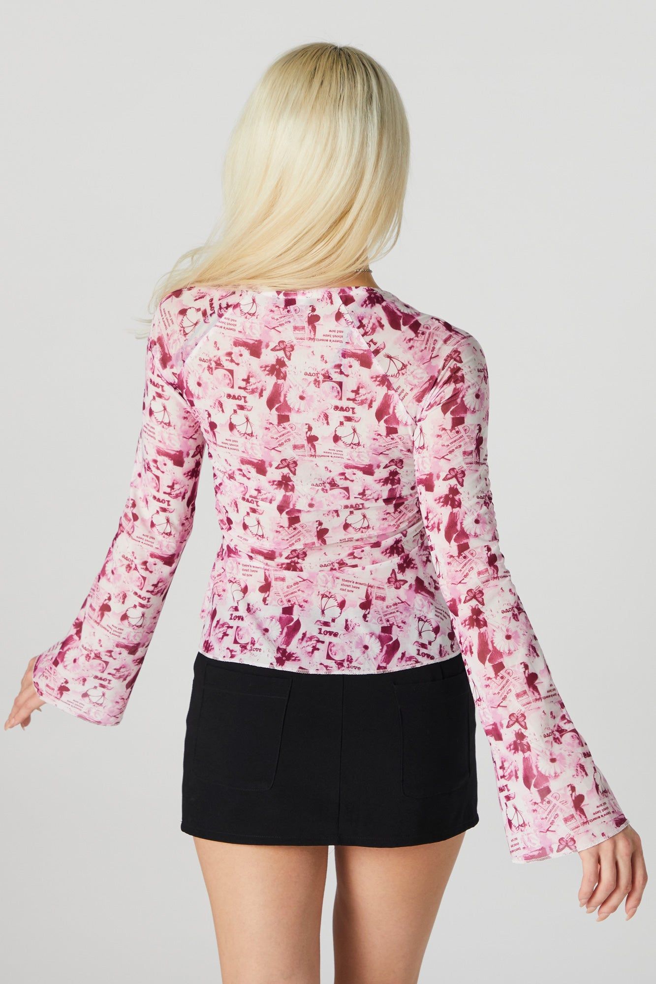 Newspaper Print Mesh Front Tie Long Sleeve Top sold by Urban Planet product image thumbnail 2