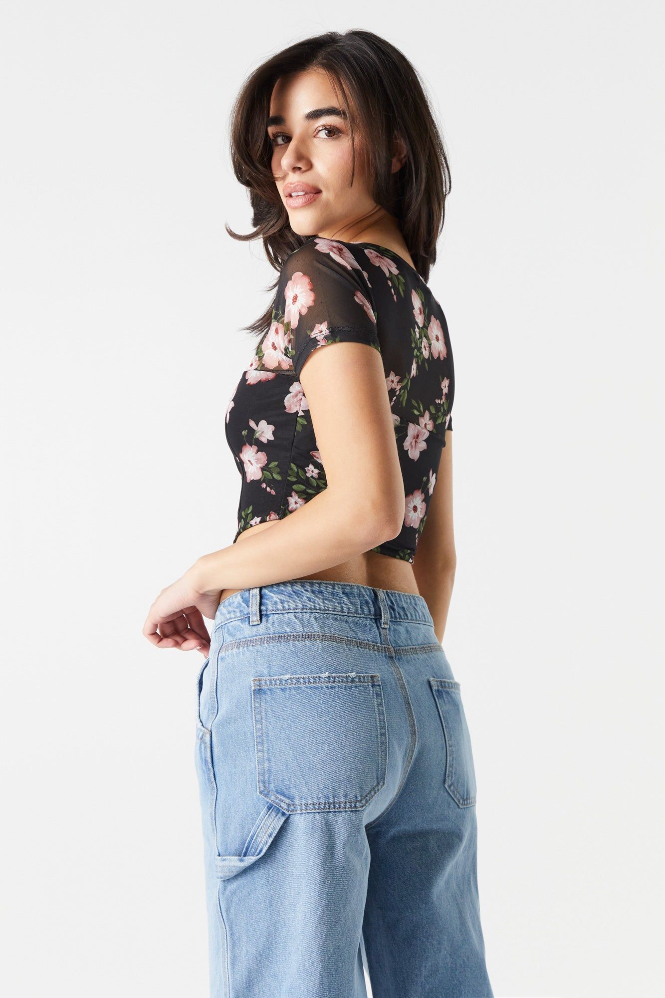 Black Floral Mesh Sleeve Corset Top sold by Urban Planet product image thumbnail 2