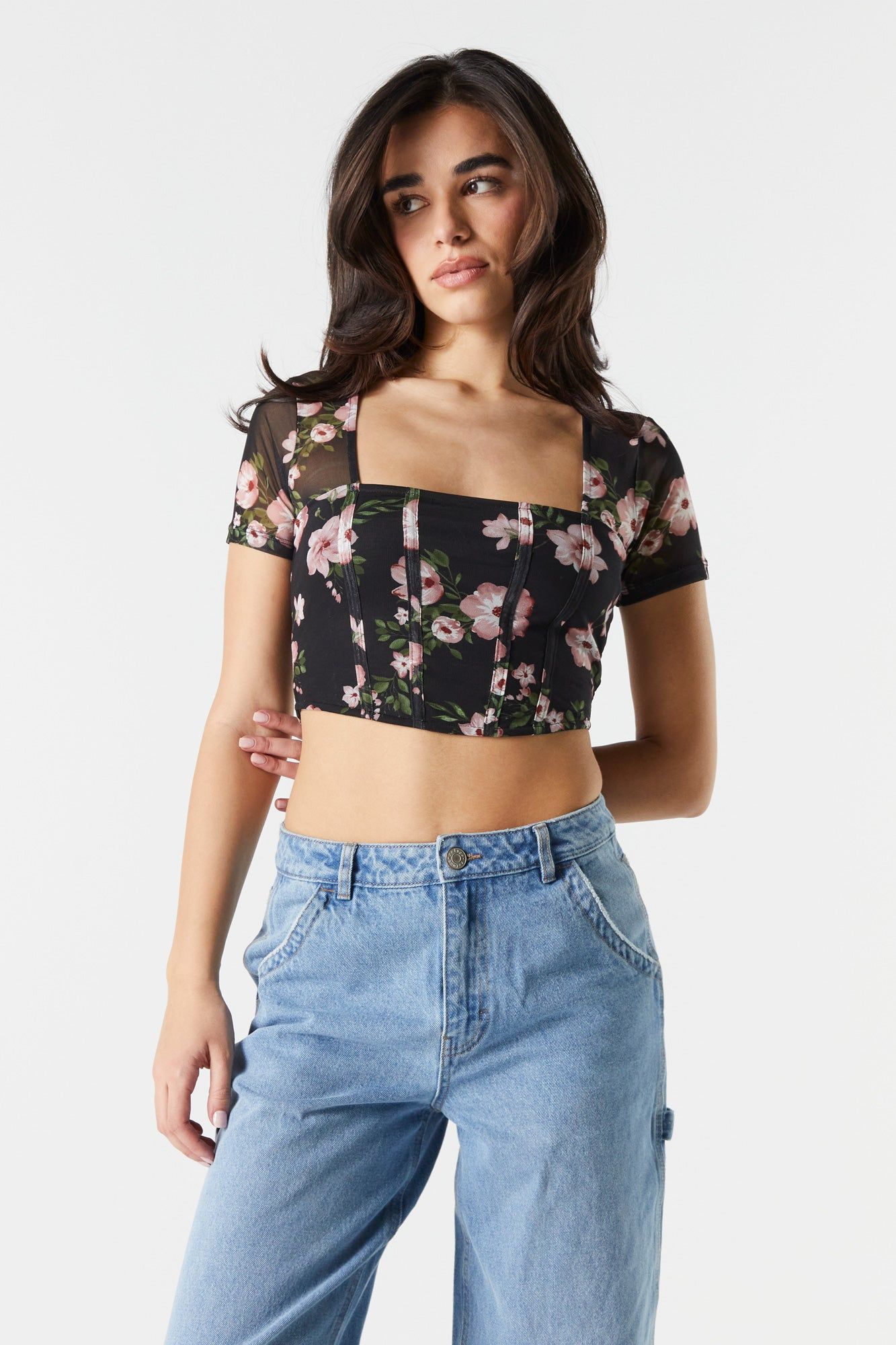 Black Floral Mesh Sleeve Corset Top sold by Urban Planet
