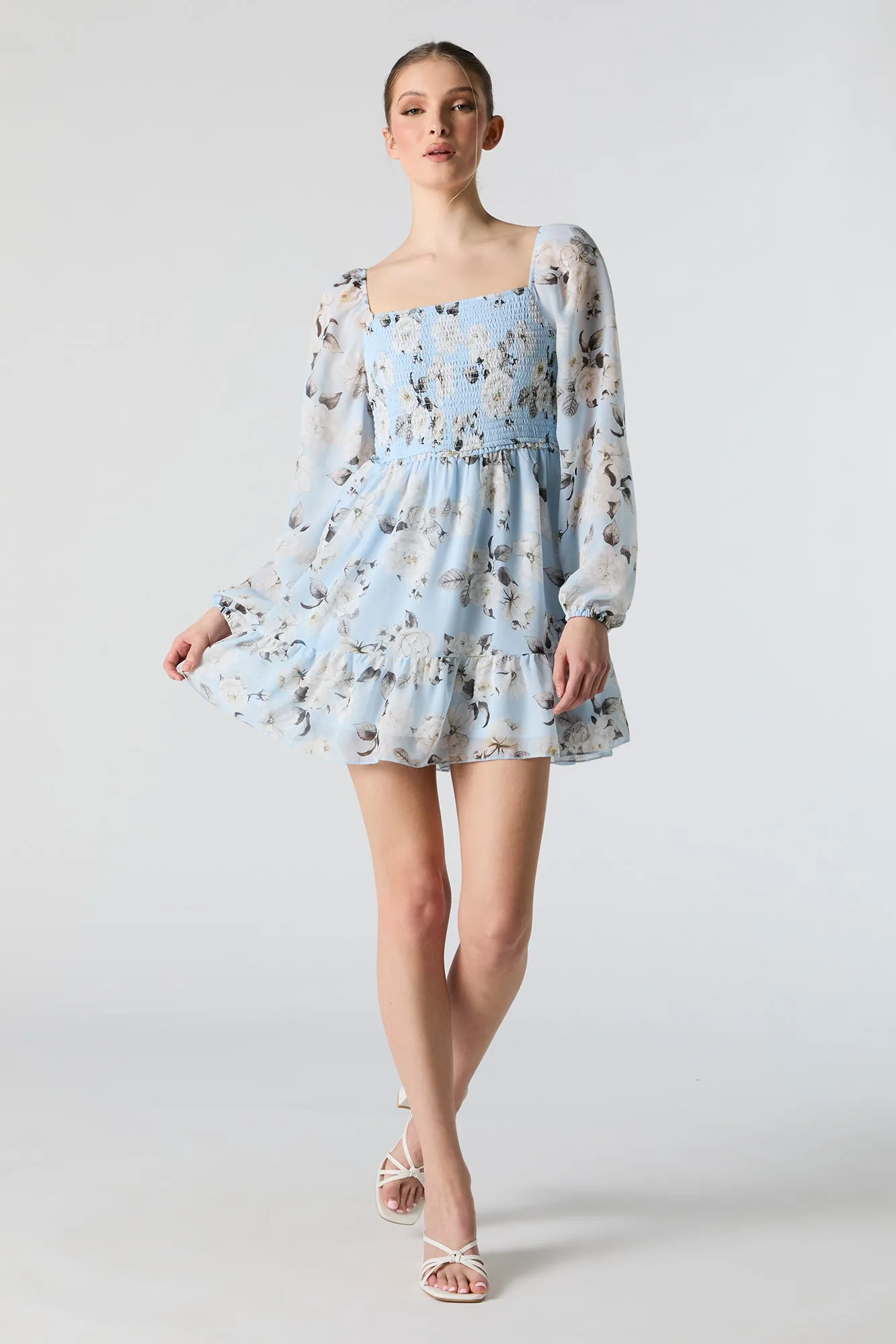 Blue Floral Smocked Long Sleeve Mini Dress sold by Urban Planet product image thumbnail 3