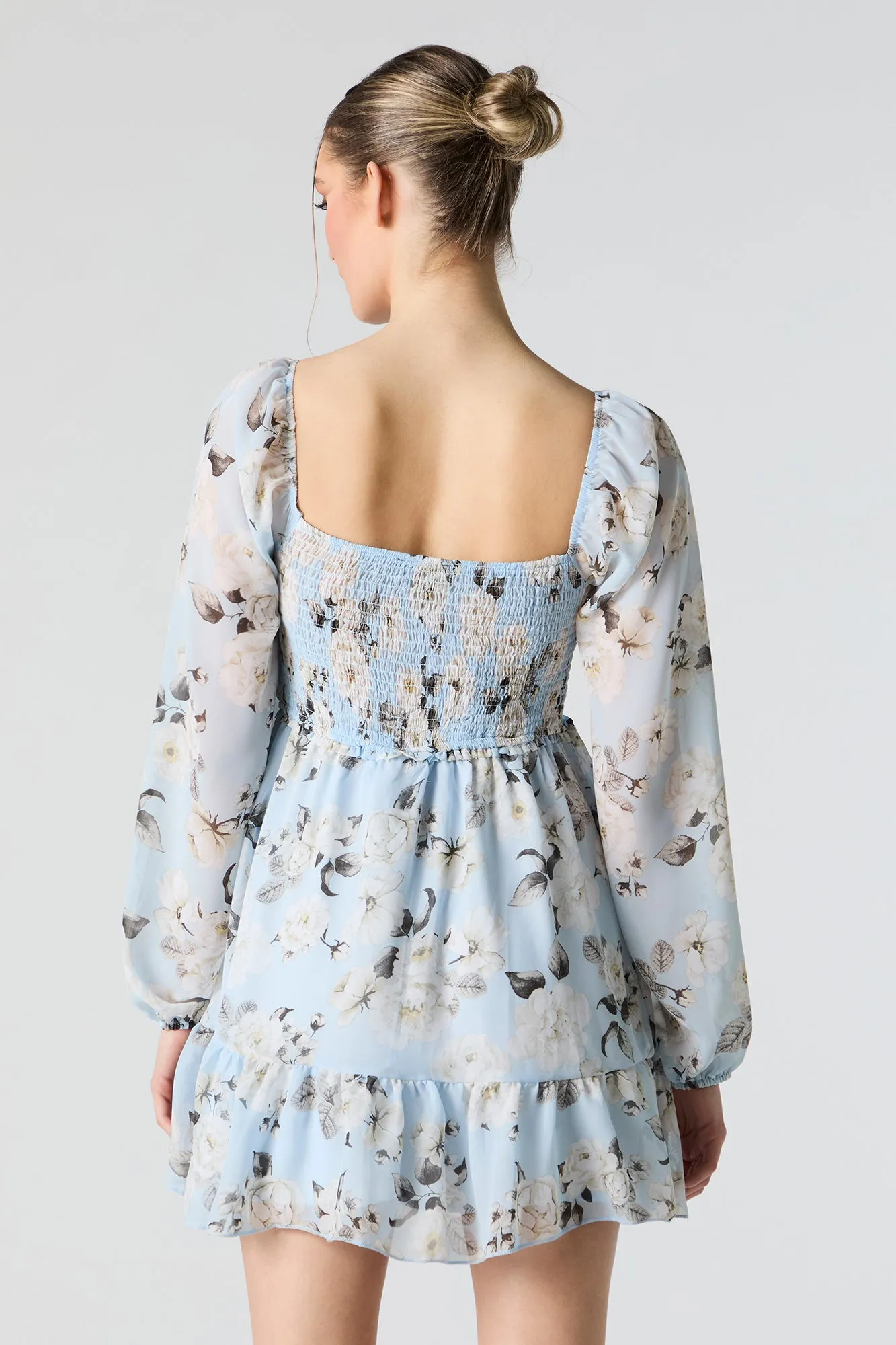Blue Floral Smocked Long Sleeve Mini Dress sold by Urban Planet product image thumbnail 2
