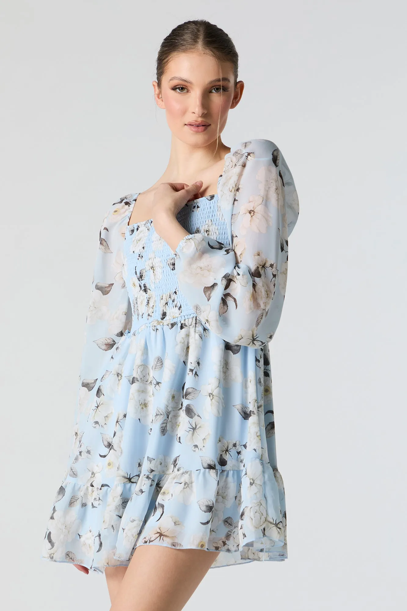 Blue Floral Smocked Long Sleeve Mini Dress sold by Urban Planet