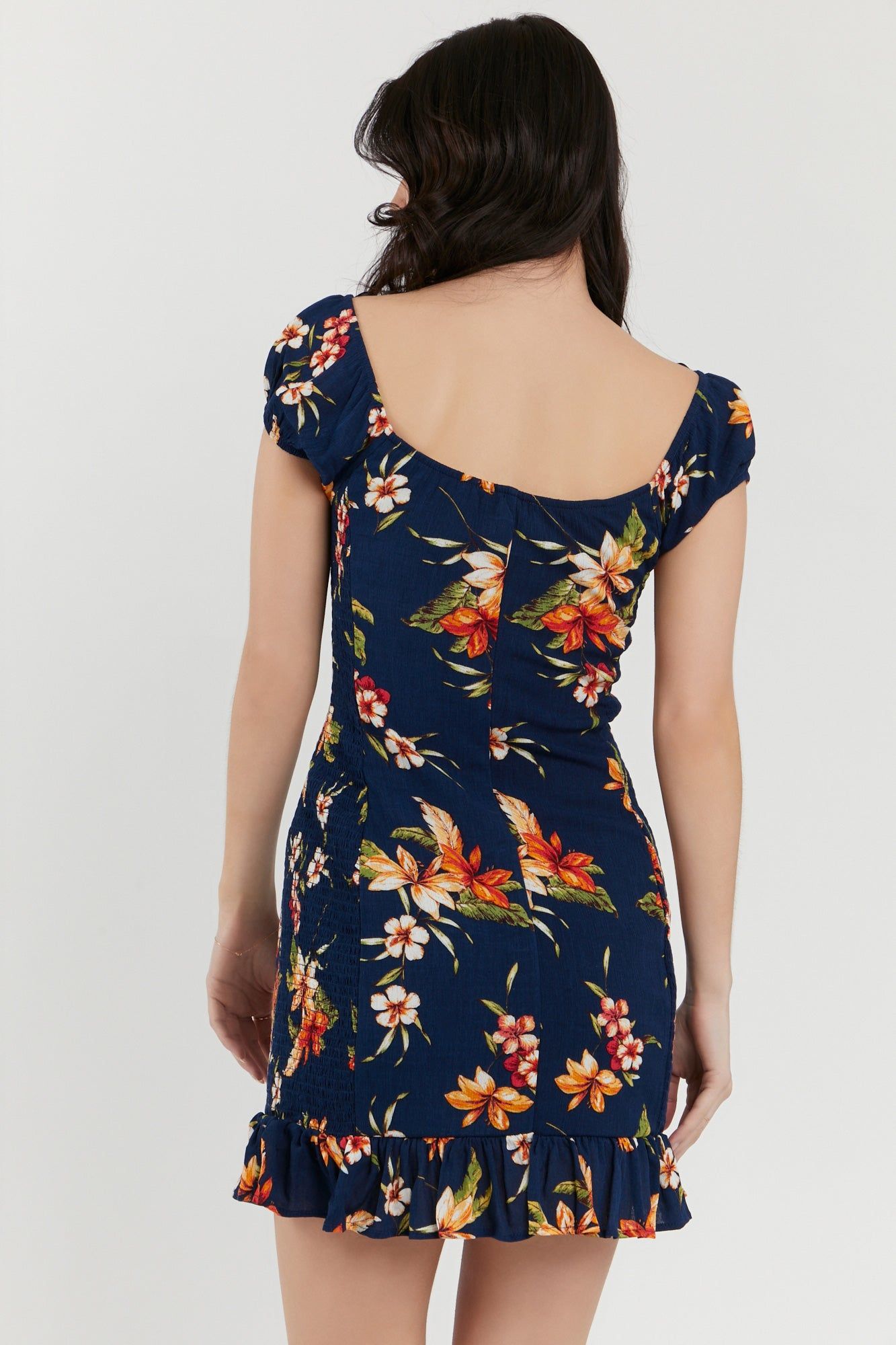 Navy Tropical Floral Print Smocked Mini Dress sold by Urban Planet product image thumbnail 3